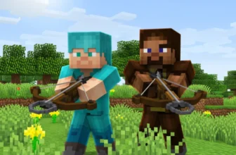 Zwei Minecraft-Charaktere, einer in einer blauen Diamant-Rüstung und einer in einer braunen Leder-Rüstung, stehen auf Gras mit gelben Blumen und zielen auf ihre Minecraft-Armbrust. Der Himmel ist sonnig mit Wolken, und grüne Bäume sind im Hintergrund.