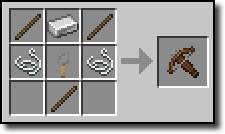 minecraft armbrust - crafting & vor - und nachteile | 1 Ein Minecraft-Crafting-Gitter zeigt Stöcke, Schnur und einen Eisenbarren, die so angeordnet sind, dass ein Enterhaken hergestellt werden kann, ähnlich wie eine Minecraft-Armbrust. Der fertige Gegenstand erscheint im Ausgabefeld auf der rechten Seite.