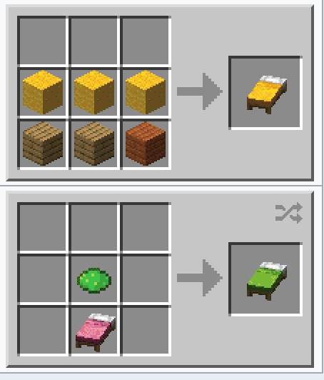das bett in minecraft: dein hafen für die nacht und spawnpunkt | 1 Zwei Minecraft-Bastelraster: Das obere zeigt gelbe Wolle und Holzbretter, die ein gelbes Minecraft-Bett ergeben; das untere zeigt ein rosa Bett in Kombination mit grüner Farbe, was ein grünes Bett ergibt.