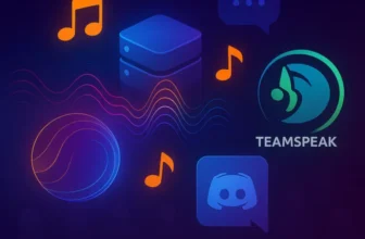 Eine digitale Illustration zeigt Musiknoten, stilisierte Schallwellen, ein Serversymbol und Logos für TeamSpeak und Music Bot für Discord, die Audio- und Kommunikationstechnologie auf einem dunklen Hintergrund darstellen.
