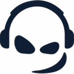 Ein stilisiertes schwarzes Symbol eines Headsets mit Mikrofon, das die Form eines Alien-Gesichts mit zwei großen, schrägen Augen und einem gebogenen Mundstück hat.