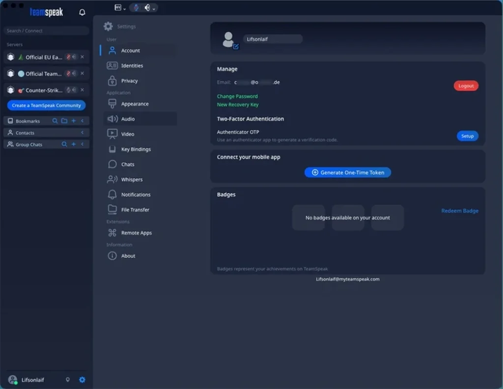Eine TeamSpeak-Benutzeroberfläche im dunklen Design zeigt Einstellungen für die Kontoverwaltung und die Zwei-Faktor-Authentifizierung an, mit Optionen zum Ändern des Passworts, zum Generieren eines Einmal-Tokens, zum Anzeigen oder Einlösen von Abzeichen sowie zur nahtlosen Verwaltung Ihres gemieteten TeamSpeak-Servers.