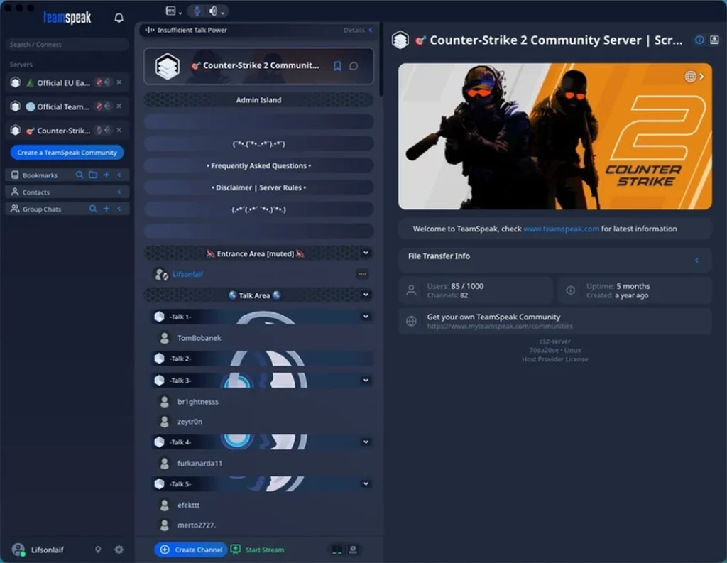 Auf einem Computerbildschirm ist die TeamSpeak-App geöffnet, die mit einem Counter-Strike-2-Community-Server verbunden ist. Die Benutzeroberfläche zeigt Benutzerlisten, Kanäle, eine Willkommensnachricht und ein großes Banner mit Counter-Strike-2-Grafiken – ideal für alle, die einen TeamSpeak-Server mieten möchten.