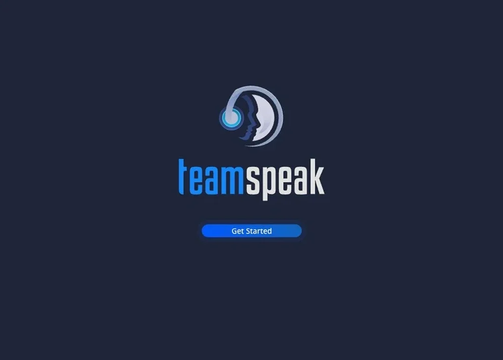 Das TeamSpeak-Logo mit einem stilisierten Headset und einem Profil-Symbol erscheint über dem Schriftzug „TeamSpeak“ auf dunklem Hintergrund. Darunter lädt eine blaue Schaltfläche mit der Aufschrift „Get Started“ die Nutzer dazu ein, einen TeamSpeak-Server zu mieten, um nahtlos kommunizieren zu können.