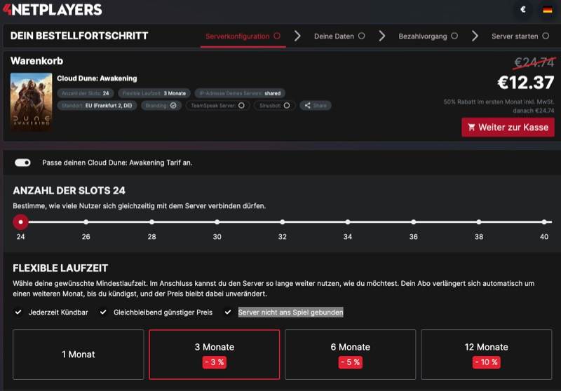 dune: awakening gameserver mieten – dein preisvergleich | 18 Screenshot einer Dune: Awakening Server-Konfigurationsseite auf Netplayers. Optionen für die Anzahl der Slots, flexible Laufzeiten und Preisnachlässe sind sichtbar, wobei rechts ein Gesamtpreis von 12,37 € angezeigt wird.