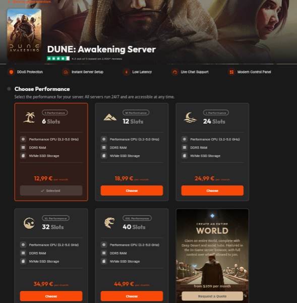 dune: awakening gameserver mieten – dein preisvergleich | 16 Eine Webseite zeigt die Dune: Awakening Server-Mietoptionen, die Preise und Funktionen für 6, 12, 24, 32 und 40 Spielerplätze anzeigen. Der Hintergrund zeigt DUNE-Grafiken mit Charakteren in Wüstenkleidung.