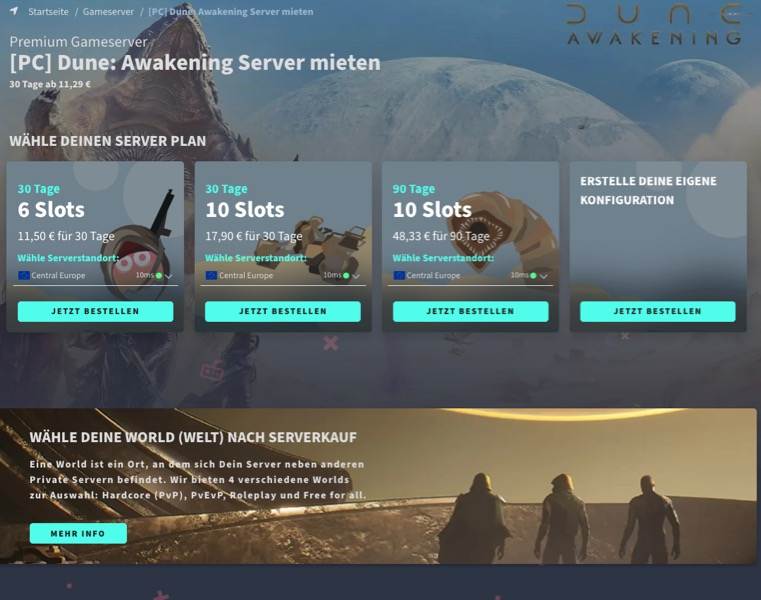 dune: awakening gameserver mieten – dein preisvergleich | 19 Screenshot einer Dune: Awakening-Serververmietungs-Website mit Optionen für 6 oder 10 Slots, Preisangaben, Serverstandorten und einer Kopfzeile im Wüstendesign mit Silhouetten laufender Menschen.
