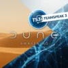 Geteiltes Bild mit einer Wüste auf der linken Seite und blauen digitalen Netzwerklinien auf der rechten Seite, plus einem TS3 TeamSpeak 3 Logo darüber. Dune: Awakening ist zentriert - perfekt für Server-Vergleiche oder das Erkunden von Teamspeak 3 Communities.