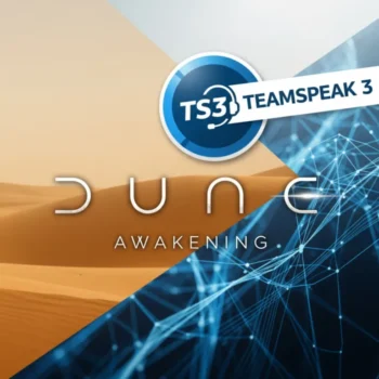 Geteiltes Bild mit einer Wüste auf der linken Seite und blauen digitalen Netzwerklinien auf der rechten Seite, plus einem TS3 TeamSpeak 3 Logo darüber. Dune: Awakening ist zentriert - perfekt für Server-Vergleiche oder das Erkunden von Teamspeak 3 Communities.