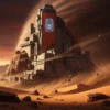 Eine riesige, futuristische Festung steht inmitten von aufgewirbeltem Sand in einer Wüstenlandschaft, geschmückt mit einem großen roten Banner, das ein leuchtendes Emblem zeigt - ein beeindruckender Anblick auf dem Dune: Awakening Server, während Staub und Trümmer über die Szene peitschen.