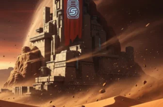 Eine riesige, futuristische Festung steht inmitten von aufgewirbeltem Sand in einer Wüstenlandschaft, geschmückt mit einem großen roten Banner, das ein leuchtendes Emblem zeigt - ein beeindruckender Anblick auf dem Dune: Awakening Server, während Staub und Trümmer über die Szene peitschen.