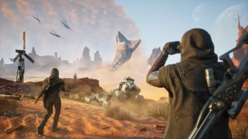 dune: awakening gameserver mieten – dein preisvergleich | 3 Zwei vermummte Gestalten in einer Wüstenlandschaft beobachten in der Ferne fliegende Schiffe und ein großes, futuristisches Fahrzeug - ein Echo auf die weite Welt von Dune: Awakening Server. Windmühlen und Felsformationen stehen unter einem wolkenverhangenen, blauen Himmel mit einem Mond.