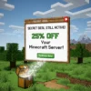 Eine Szene im Minecraft-Stil mit einer leuchtenden, offenen Truhe und einem Schild mit der Aufschrift 