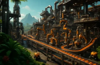 Eine weitläufige, futuristische Fabrik mit orangefarbenen Maschinen und Fließbändern steht in einem üppigen Dschungel, im Hintergrund sind Berge unter einem strahlenden Himmel zu sehen - die perfekte Inspiration für alle, die Satisfactory Server mieten wollen.