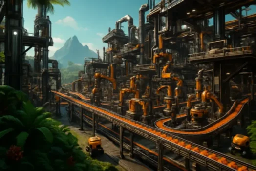 Eine weitläufige, futuristische Fabrik mit orangefarbenen Maschinen und Fließbändern steht in einem üppigen Dschungel, im Hintergrund sind Berge unter einem strahlenden Himmel zu sehen - die perfekte Inspiration für alle, die Satisfactory Server mieten wollen.