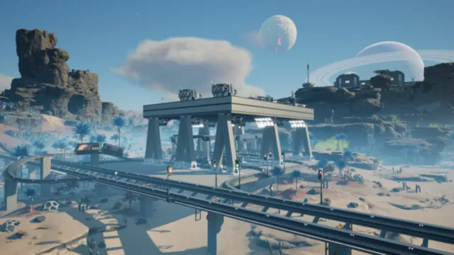 Eine futuristische Industrieanlage mit großen Strukturen und Förderbändern in einer außerirdischen Wüstenlandschaft mit felsigen Klippen, Palmen, fernen Planeten und Ringen am Himmel.