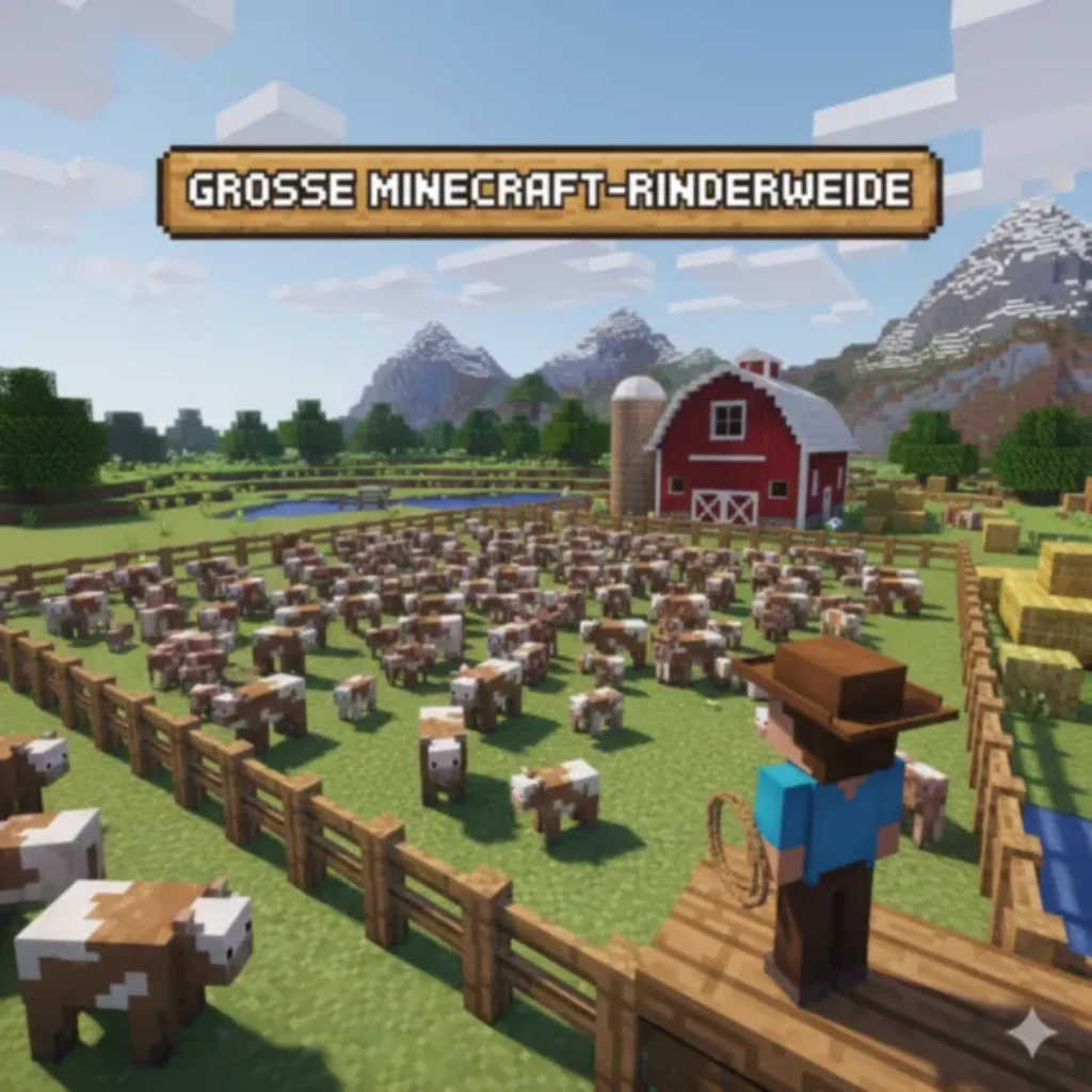 Eine Minecraft-Szene zeigt eine große eingezäunte Viehweide mit vielen Kühen, einem Bauern mit einem Lasso, einer roten Scheune, Heuballen und Bergen im Hintergrund - perfekt für Tierzucht Minecraft. Der Text lautet GROSSE MINECRAFT-RINDERWEIDE.