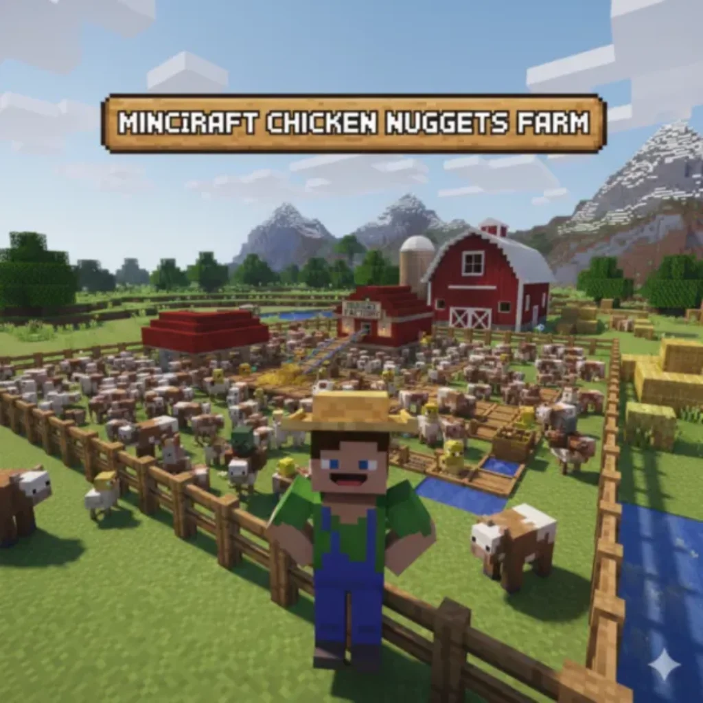 Eine Tierzucht Minecraft Bauernhof Szene verfügt über Tiere und eine rote Scheune, mit einem Charakter in Overalls stehen vor. Der Text an der Spitze liest Minecraft Chicken Nuggets Farm.