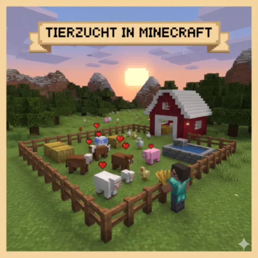 Eine Minecraft-Szene zeigt Kühe, Schafe, Schweine und Hühner in einem eingezäunten Bereich mit einem Stall. Ein Spieler, der Weizen in der Hand hält, züchtet die Tiere - über ihnen erscheinen Herzen, während die Sonne hinter den Bergen untergeht. Text: Tierzucht Minecraft.