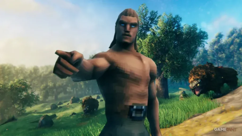 Eine muskulöse, hemdsärmelige Figur mit niedrigem Polygon zeigt nach vorne in eine grasbewachsene, sonnenbeschienene Valheim-Landschaft mit Bäumen. Als Teil des