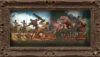 Ein dekorativer Rahmen umgibt zwei Fantasy-Schlachtszenen und den Text 