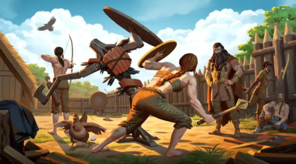 Zwei Personen kämpfen mit Schilden und Äxten in einem sonnigen, eingezäunten Übungshof während des Valheim Call to Arms, während andere in der Nähe zuschauen oder Bogenschießen üben. Im Vordergrund schlägt ein Huhn mit den Flügeln, während ein Mann in Pelz die Szene beobachtet.