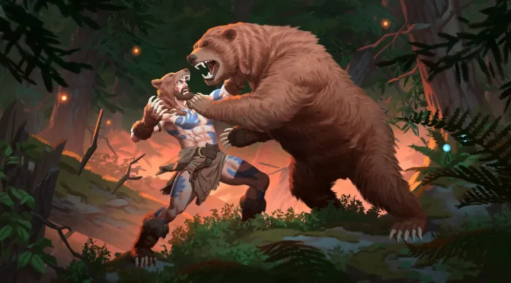 Ein muskulöser Stammeskrieger mit blauer Körperbemalung ringt mit einem brüllenden Bären in einem dichten, sonnenbeschienenen Wald - und beschwört den Geist von Valheim Call to Arms inmitten von Bäumen, Farnen und glühendem orangefarbenem Licht im Hintergrund.