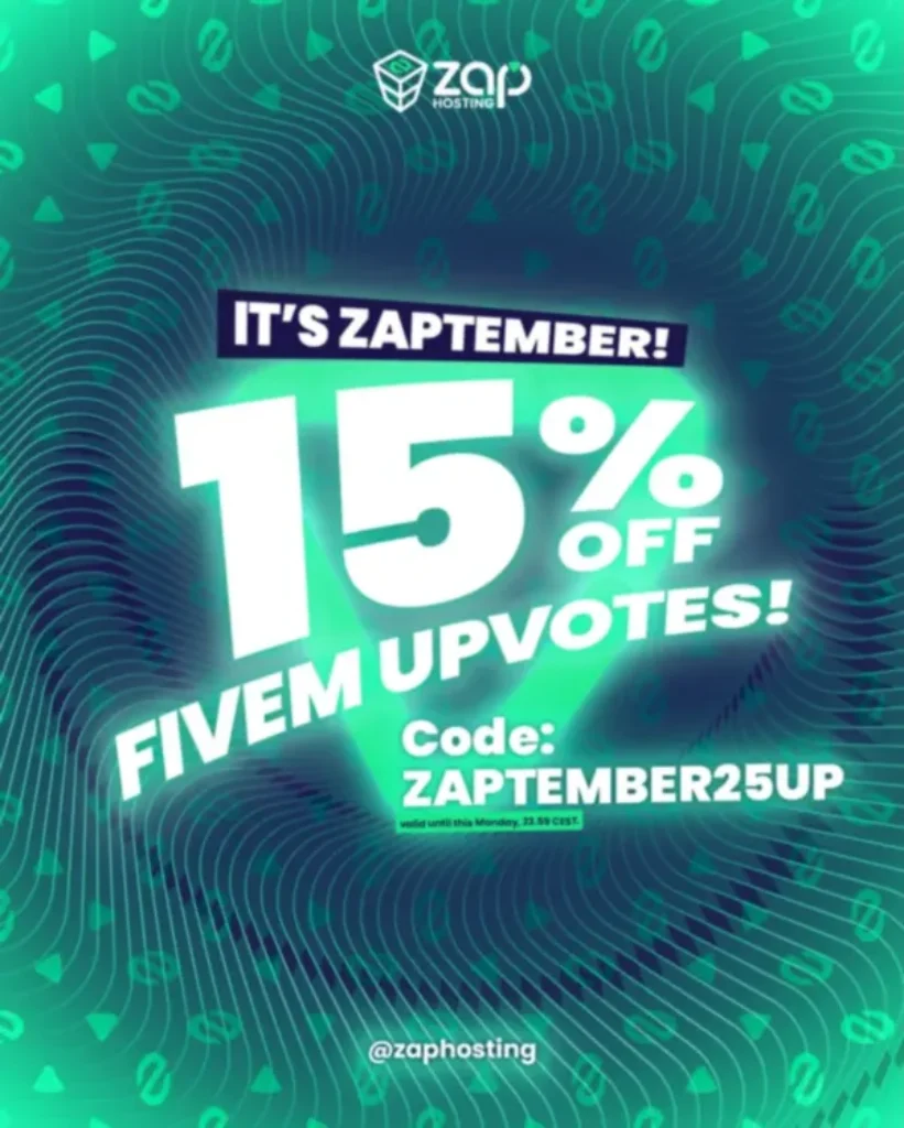 Leuchtend grüne Werbegrafik mit Its ZAPtember! 15% RABATT AUF FIVEM UPVOTES! Code: ZAPTEMBER25UP in fetter weißer Schrift. Feiern Sie frühzeitig den ZAPTEMBER 2025 mit Wellenlinien und dem zaphosting.com-Logo oben und unten.