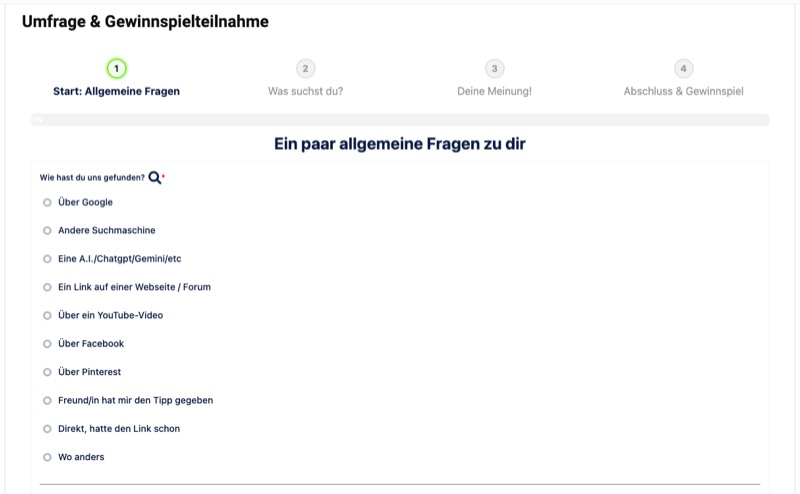 Screenshot einer deutschen Umfrageseite mit dem Titel Umfrage & Gewinnspielteilnahme. Im Abschnitt 