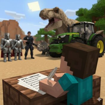 Eine Minecraft-ähnliche Figur schreibt an einem Schreibtisch mit einer Checkliste mit der Aufschrift 