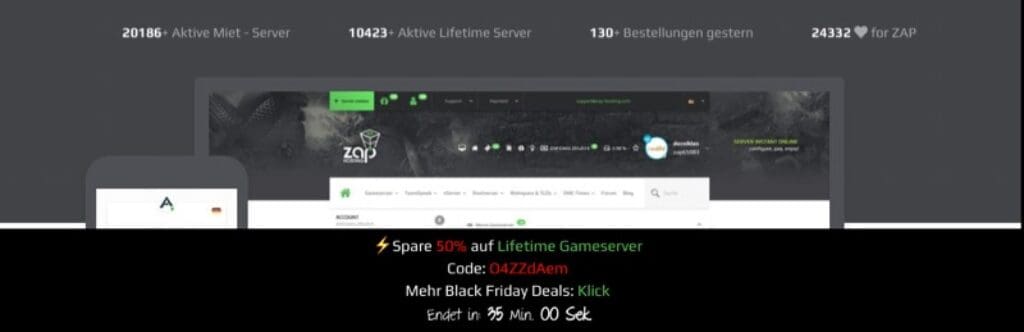 Screenshot einer Website mit Gameserver-Angeboten: Ein Banner hebt aktive Server, ein Lifetime-Server-Angebot und exklusive Black Friday 2025 Blitzgutscheincodes für 50% Rabatt hervor. Der Countdown-Timer zeigt an, dass das Angebot bald ausläuft.