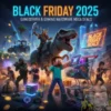 Eine lebhafte Anzeige zum Black Friday 20 zeigt Videospielfiguren, einen Dinosaurier, Einkaufswagen, Gaming-Zubehör und Geschenke unter Neonschildern, die für Mega-Deals bei Gameservern und Hardware werben.