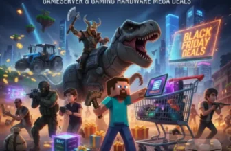 Eine lebhafte Anzeige zum Black Friday 20 zeigt Videospielfiguren, einen Dinosaurier, Einkaufswagen, Gaming-Zubehör und Geschenke unter Neonschildern, die für Mega-Deals bei Gameservern und Hardware werben.