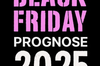 Der Text lautet: Black Friday Prognose 2025 in fetten rosafarbenen und weißen Buchstaben auf schwarzem Hintergrund mit einem zerrissenen weißen Papierrand am oberen Rand, der die Trends für den kommenden Black Friday prognostiziert.