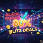 Eine Anzeige im Neon-Stil mit Münzen, Sternen und einem verpixelten Schwert zeigt "Black Friday 80% Blitz Deals" neben dem Zap-Hosting-Logo und hebt die Black Friday 2025 Blitzgutscheincodes auf einem lebendigen digitalen Hintergrund mit leuchtenden Linien und Lichtern hervor.