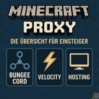 Bild mit Minecraft Proxy in Blockbuchstaben, deutschem Text Die Übersicht für Einsteiger und drei Icons mit den Bezeichnungen Bungee Cord, Velocity und Hosting, die jeweils die Minecraft Proxy-Server-Optionen für Einsteiger darstellen.