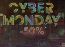 Ein bunter Neon-Text mit der Aufschrift Cyber Monday -50% vor einem dunklen, digitalen Hintergrund wirbt für einen Rabatt von 50% für Cyber Monday und Black Friday 20 Deals.