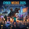 Werbebild für die Cyber Weeks 2025 mit Spielfiguren, einem Dinosaurier, einem Einkaufswagen und Gaming-Hardware inmitten neonfarbener Stadtlichter, die für die Mega-Angebote des Black Friday 20 für Gameserver und Hardware werben.