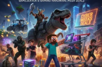 Werbebild für die Cyber Weeks 2025 mit Spielfiguren, einem Dinosaurier, einem Einkaufswagen und Gaming-Hardware inmitten neonfarbener Stadtlichter, die für die Mega-Angebote des Black Friday 20 für Gameserver und Hardware werben.