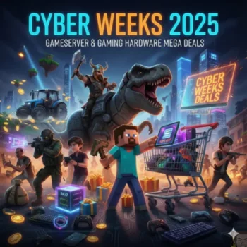Werbebild für die Cyber Weeks 2025 mit Spielfiguren, einem Dinosaurier, einem Einkaufswagen und Gaming-Hardware inmitten neonfarbener Stadtlichter, die für die Mega-Angebote des Black Friday 20 für Gameserver und Hardware werben.
