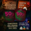 Gruselige Halloween-Werbung mit Monstern, Geistern und Kürbissen wirbt für den Gameserver Halloween Sale 2025: 50% Rabatt auf alle Server, 25% Rabatt auf neue Spielewolken und 15% Rabatt auf Gruselspiele. Der Text ist auf Englisch und Deutsch.