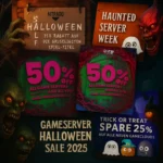 Gruselige Halloween-Werbung mit Monstern, Geistern und Kürbissen wirbt für den Gameserver Halloween Sale 2025: 50% Rabatt auf alle Server, 25% Rabatt auf neue Spielewolken und 15% Rabatt auf Gruselspiele. Der Text ist auf Englisch und Deutsch.