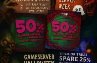 Gruselige Halloween-Werbung mit Monstern, Geistern und Kürbissen wirbt für den Gameserver Halloween Sale 2025: 50% Rabatt auf alle Server, 25% Rabatt auf neue Spielewolken und 15% Rabatt auf Gruselspiele. Der Text ist auf Englisch und Deutsch.