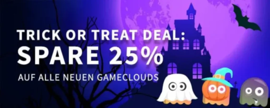 Der Text Trick or treat deal: Spare 25% auf alle neuen Gameclouds wird neben einer Spukhaus-Silhouette, einer Fledermaus und drei niedlichen Halloween-Charakteren auf einem lila Mondschein-Hintergrund für den Gameserver Halloween Sale 2025 angezeigt.