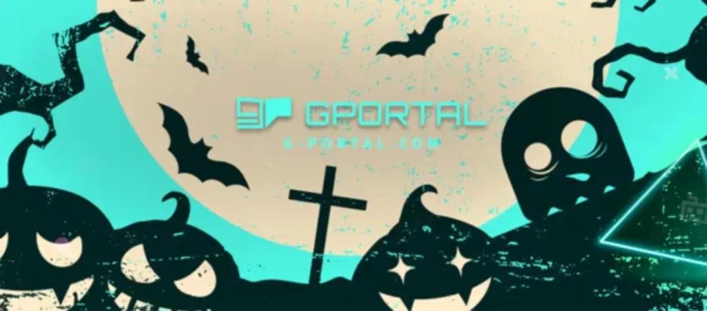 Illustration einer gruseligen Halloween-Szene mit einem großen Vollmond, fliegenden Fledermäusen, umgeknickten Bäumen, Irrlichtern, einem Kreuz und einem Geist. Der Text