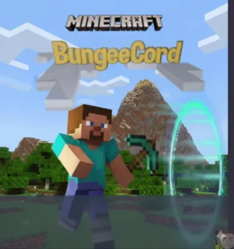 Ein Minecraft Charakter, der eine Spitzhacke hält, läuft auf ein leuchtendes Portal zu, mit grünen Hügeln und einem Berg im Hintergrund. Der Text darüber lautet Minecraft BungeeCord in Blockbuchstaben - perfekt für alle, die Bungeecord Server mieten wollen.