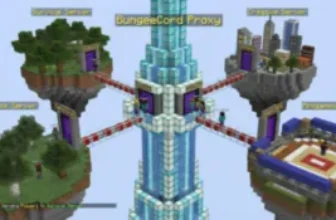 Ein Minecraft-Hub mit einem hohen Kristallturm verbindet vier schwimmende Inseln für Skyblock, Prison, Minigame und Survival, die jeweils durch rote Brücken miteinander verbunden sind. Ideal für diejenigen, die Bungeecord-Server mieten und mehrere Spielmodi nahtlos verwalten möchten.