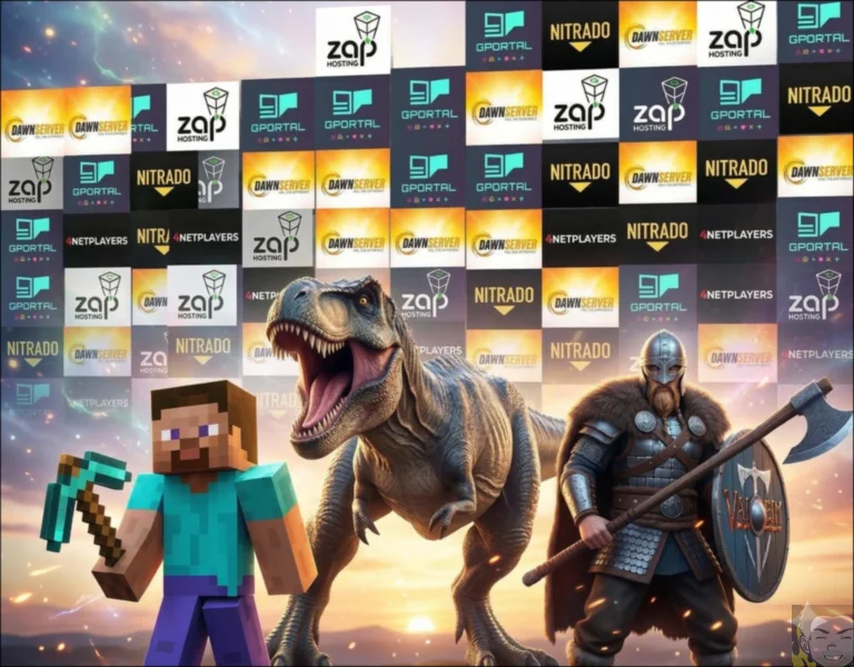 5 GameServer-Hostern im Vergleich Eine Minecraft-Figur mit einer Spitzhacke, ein brüllender Dinosaurier und ein Wikingerkrieger stehen zusammen vor einem Hintergrund mit Logos von Game Server-Hostern wie Nitrado, GPortal, Zap Hosting, NetPlayers und DawnServer.