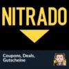 NITRADO-Logo in Gelb mit einem Abwärtspfeil auf schwarzem Hintergrund. Darunter steht der Text Coupons, Deals, Nitrado Gutschein neben einer Zeichentrickfigur, die den Daumen nach oben zeigt.