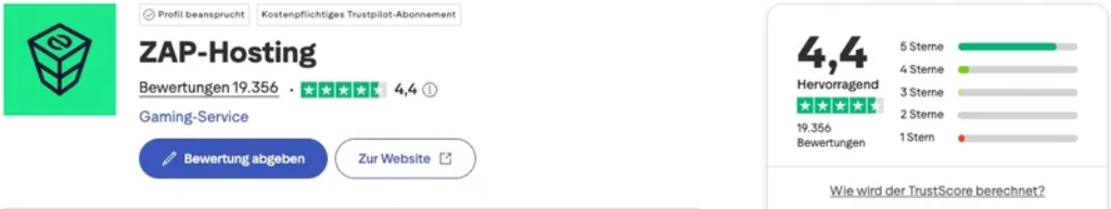 Screenshot der ZAP-Hosting Trustpilot-Seite, die eine Bewertung von 4,4 von 5 Sternen bei 19.356 Bewertungen zeigt. Die meisten Bewertungen sind 5 Sterne. Die Schaltflächen für Bewertung abgeben und Zur Website sind sichtbar.